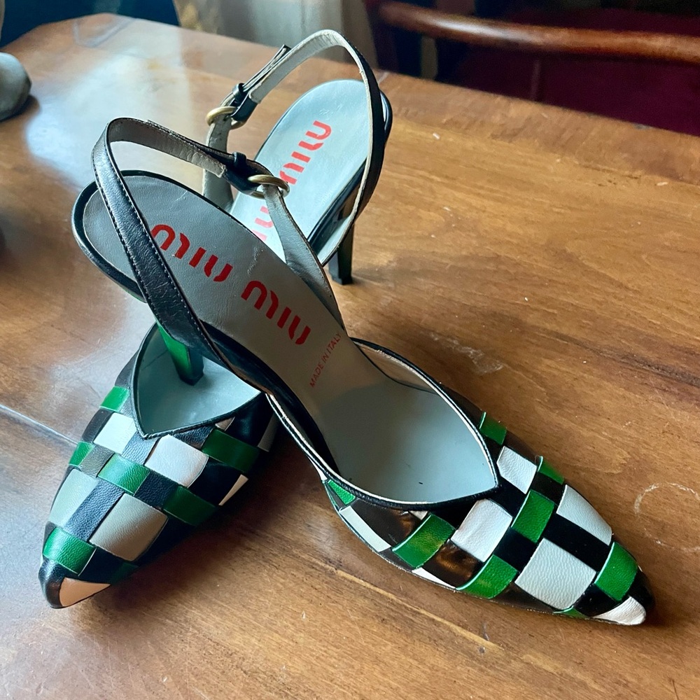MIU MIU Women's Leather Sling back Vintage Heels EU 35 Green Black Gray